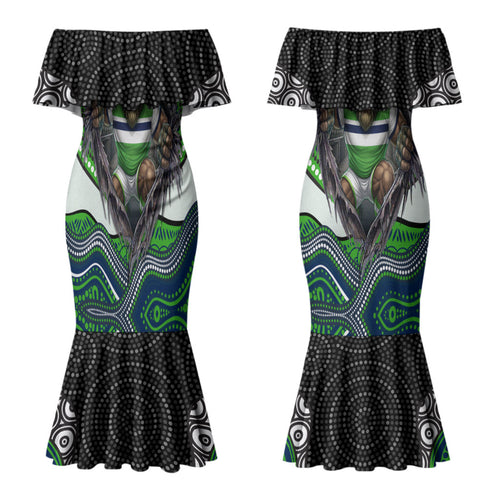 Canberra Raiders Couples Matching Mermaid Dress and Long Sleeve Button Shirt The Scream of Lightning Eyes - Indigenous Dot Ripping Effect