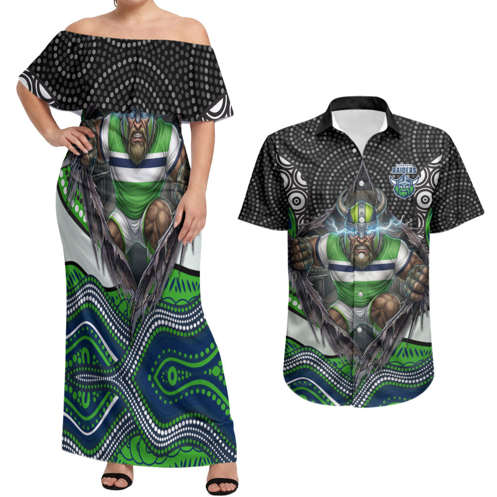 Canberra Raiders Couples Matching Off Shoulder Maxi Dress and Hawaiian Shirt The Scream of Lightning Eyes - Indigenous Dot Ripping Effect