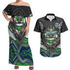 Canberra Raiders Couples Matching Off Shoulder Maxi Dress and Hawaiian Shirt The Scream of Lightning Eyes - Indigenous Dot Ripping Effect
