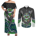 Canberra Raiders Couples Matching Off Shoulder Maxi Dress and Long Sleeve Button Shirt The Scream of Lightning Eyes - Indigenous Dot Ripping Effect