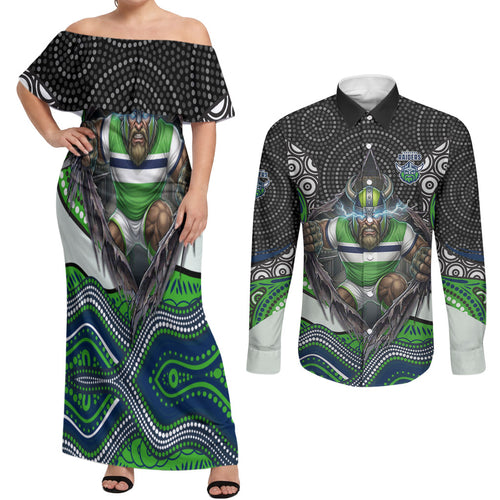 Canberra Raiders Couples Matching Off Shoulder Maxi Dress and Long Sleeve Button Shirt The Scream of Lightning Eyes - Indigenous Dot Ripping Effect