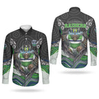 Canberra Raiders Couples Matching Off Shoulder Maxi Dress and Long Sleeve Button Shirt The Scream of Lightning Eyes - Indigenous Dot Ripping Effect