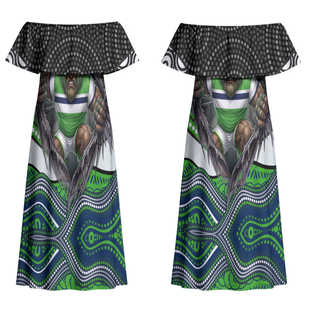 Canberra Raiders Couples Matching Off Shoulder Maxi Dress and Long Sleeve Button Shirt The Scream of Lightning Eyes - Indigenous Dot Ripping Effect