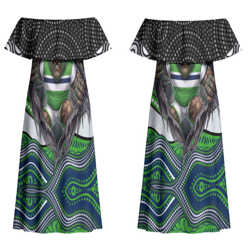 Canberra Raiders Couples Matching Off Shoulder Maxi Dress and Long Sleeve Button Shirt The Scream of Lightning Eyes - Indigenous Dot Ripping Effect