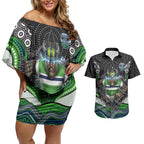 Canberra Raiders Couples Matching Off Shoulder Short Dress and Hawaiian Shirt The Scream of Lightning Eyes - Indigenous Dot Ripping Effect