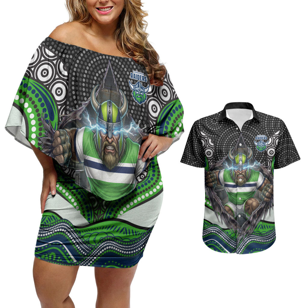 Canberra Raiders Couples Matching Off Shoulder Short Dress and Hawaiian Shirt The Scream of Lightning Eyes - Indigenous Dot Ripping Effect