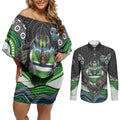 Canberra Raiders Couples Matching Off Shoulder Short Dress and Long Sleeve Button Shirt The Scream of Lightning Eyes - Indigenous Dot Ripping Effect