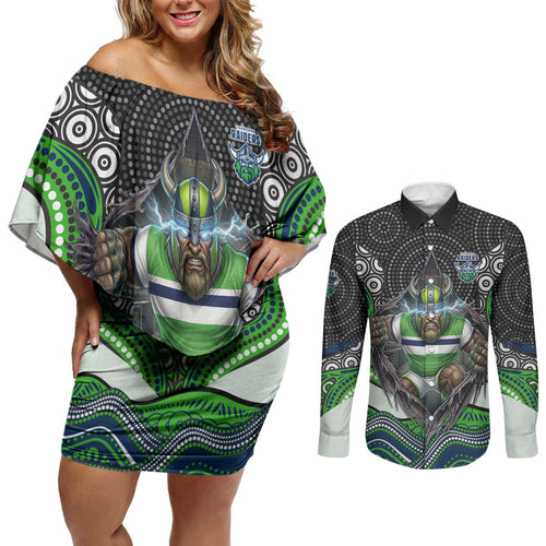 Canberra Raiders Couples Matching Off Shoulder Short Dress and Long Sleeve Button Shirt The Scream of Lightning Eyes - Indigenous Dot Ripping Effect