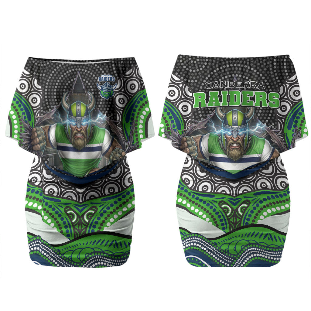 Canberra Raiders Couples Matching Off Shoulder Short Dress and Long Sleeve Button Shirt The Scream of Lightning Eyes - Indigenous Dot Ripping Effect