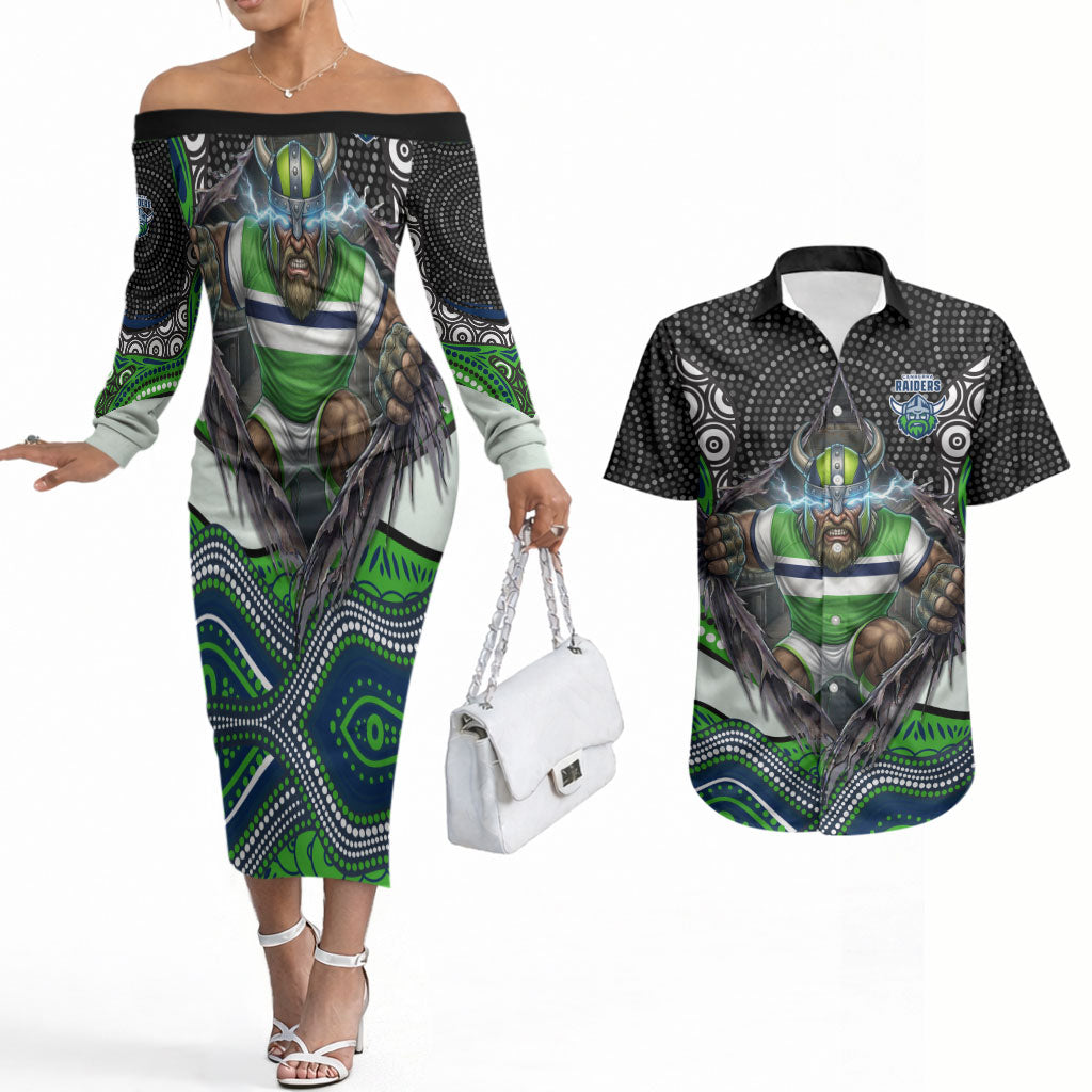 Canberra Raiders Couples Matching Off The Shoulder Long Sleeve Dress and Hawaiian Shirt The Scream of Lightning Eyes - Indigenous Dot Ripping Effect