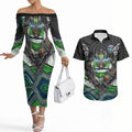 Canberra Raiders Couples Matching Off The Shoulder Long Sleeve Dress and Hawaiian Shirt The Scream of Lightning Eyes - Indigenous Dot Ripping Effect