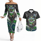 Canberra Raiders Couples Matching Off The Shoulder Long Sleeve Dress and Hawaiian Shirt The Scream of Lightning Eyes - Indigenous Dot Ripping Effect