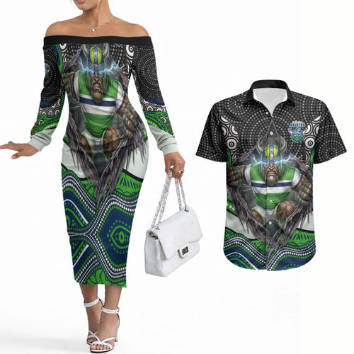 Canberra Raiders Couples Matching Off The Shoulder Long Sleeve Dress and Hawaiian Shirt The Scream of Lightning Eyes - Indigenous Dot Ripping Effect