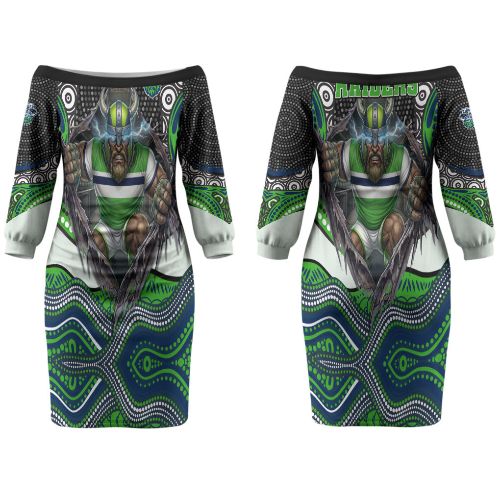 Canberra Raiders Couples Matching Off The Shoulder Long Sleeve Dress and Hawaiian Shirt The Scream of Lightning Eyes - Indigenous Dot Ripping Effect