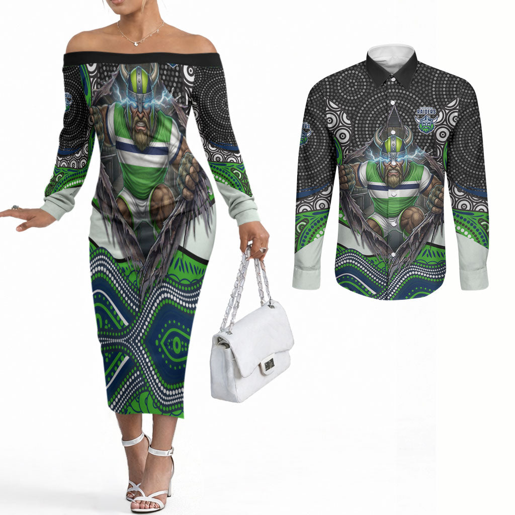 Canberra Raiders Couples Matching Off The Shoulder Long Sleeve Dress and Long Sleeve Button Shirt The Scream of Lightning Eyes - Indigenous Dot Ripping Effect