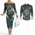 Canberra Raiders Couples Matching Off The Shoulder Long Sleeve Dress and Long Sleeve Button Shirt The Scream of Lightning Eyes - Indigenous Dot Ripping Effect