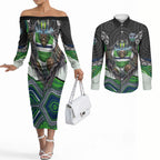 Canberra Raiders Couples Matching Off The Shoulder Long Sleeve Dress and Long Sleeve Button Shirt The Scream of Lightning Eyes - Indigenous Dot Ripping Effect