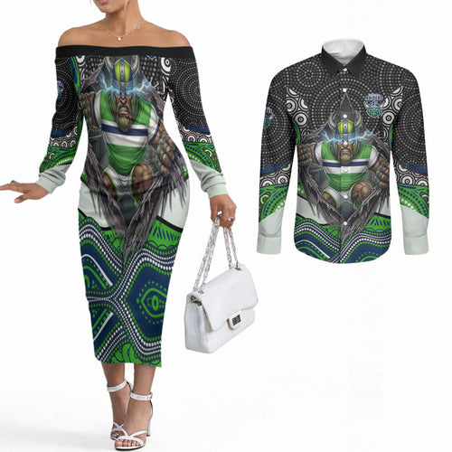 Canberra Raiders Couples Matching Off The Shoulder Long Sleeve Dress and Long Sleeve Button Shirt The Scream of Lightning Eyes - Indigenous Dot Ripping Effect