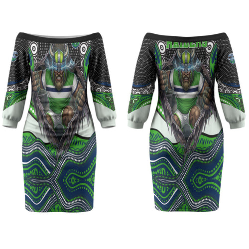Canberra Raiders Couples Matching Off The Shoulder Long Sleeve Dress and Long Sleeve Button Shirt The Scream of Lightning Eyes - Indigenous Dot Ripping Effect