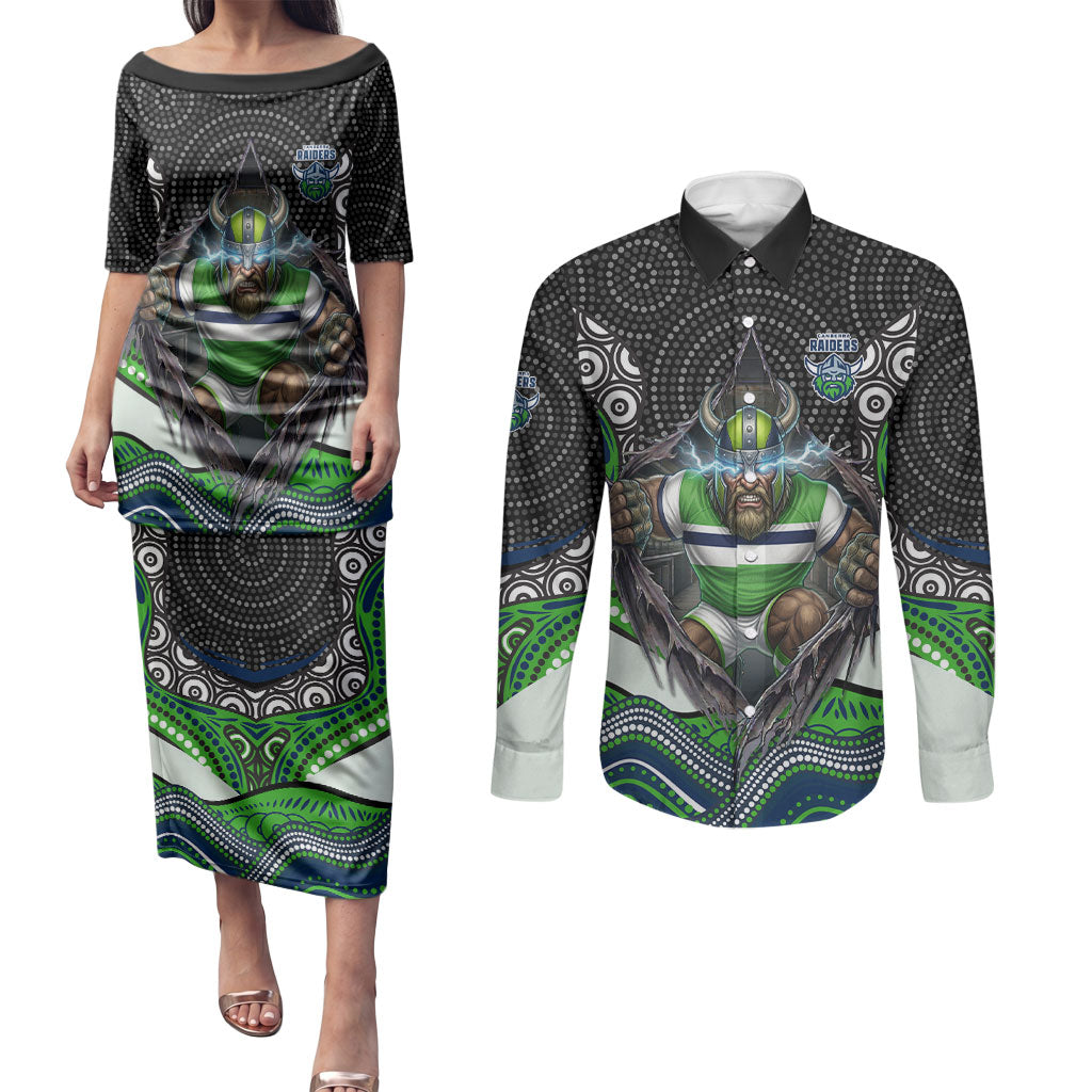 Canberra Raiders Couples Matching Puletasi and Long Sleeve Button Shirt The Scream of Lightning Eyes - Indigenous Dot Ripping Effect