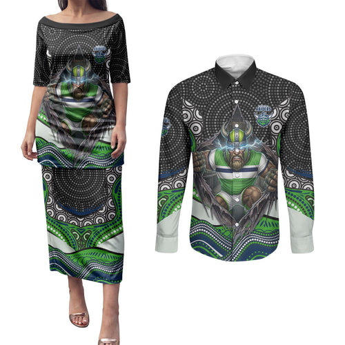 Canberra Raiders Couples Matching Puletasi and Long Sleeve Button Shirt The Scream of Lightning Eyes - Indigenous Dot Ripping Effect