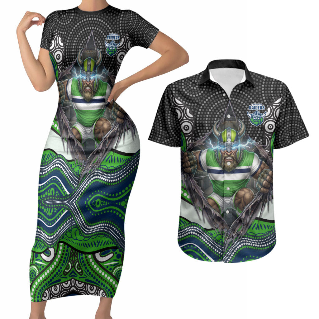 Canberra Raiders Couples Matching Short Sleeve Bodycon Dress and Hawaiian Shirt The Scream of Lightning Eyes - Indigenous Dot Ripping Effect