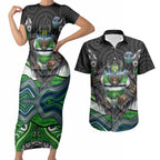Canberra Raiders Couples Matching Short Sleeve Bodycon Dress and Hawaiian Shirt The Scream of Lightning Eyes - Indigenous Dot Ripping Effect