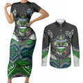 Canberra Raiders Couples Matching Short Sleeve Bodycon Dress and Long Sleeve Button Shirt The Scream of Lightning Eyes - Indigenous Dot Ripping Effect