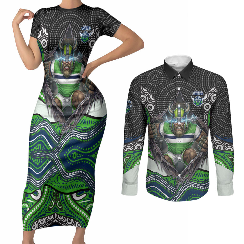 Canberra Raiders Couples Matching Short Sleeve Bodycon Dress and Long Sleeve Button Shirt The Scream of Lightning Eyes - Indigenous Dot Ripping Effect
