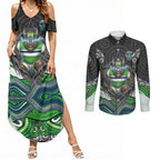 Canberra Raiders Couples Matching Summer Maxi Dress and Long Sleeve Button Shirt The Scream of Lightning Eyes - Indigenous Dot Ripping Effect