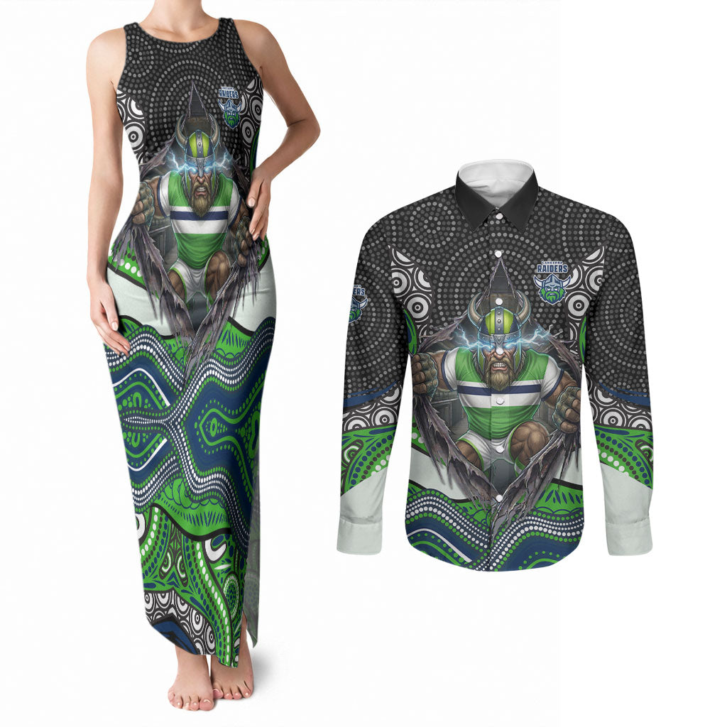 Canberra Raiders Couples Matching Tank Maxi Dress and Long Sleeve Button Shirt The Scream of Lightning Eyes - Indigenous Dot Ripping Effect