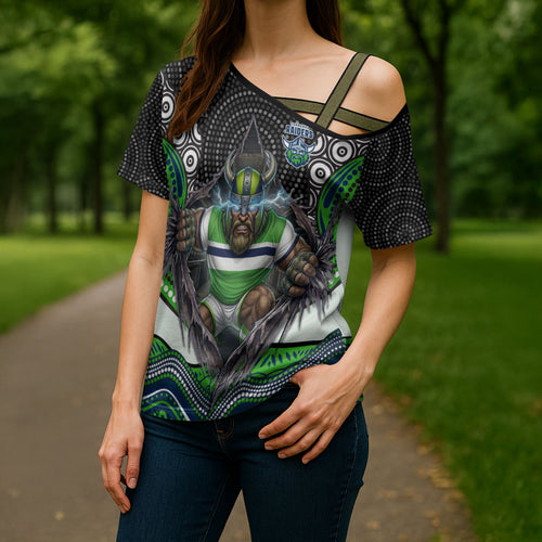 Canberra Raiders Cross Shoulder Shirt The Scream of Lightning Eyes - Indigenous Dot Ripping Effect