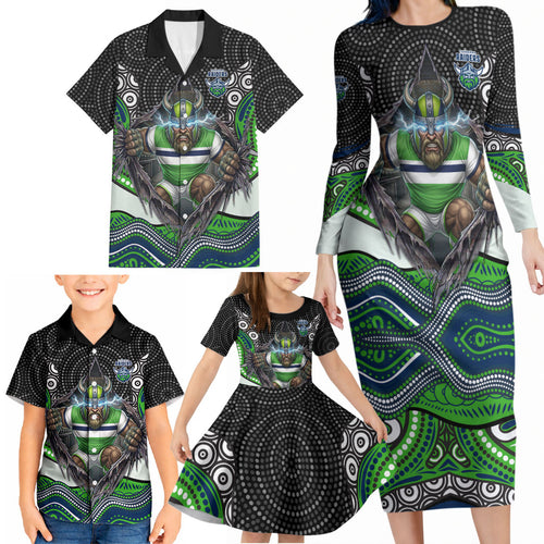 Canberra Raiders Family Matching Long Sleeve Bodycon Dress and Hawaiian Shirt The Scream of Lightning Eyes - Indigenous Dot Ripping Effect