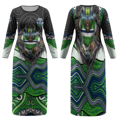 Canberra Raiders Family Matching Long Sleeve Bodycon Dress and Hawaiian Shirt The Scream of Lightning Eyes - Indigenous Dot Ripping Effect