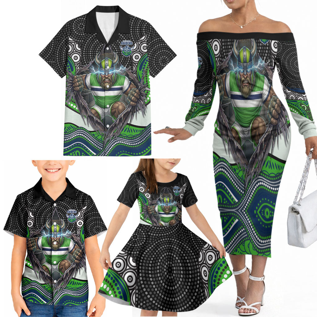 Canberra Raiders Family Matching Off The Shoulder Long Sleeve Dress and Hawaiian Shirt The Scream of Lightning Eyes - Indigenous Dot Ripping Effect