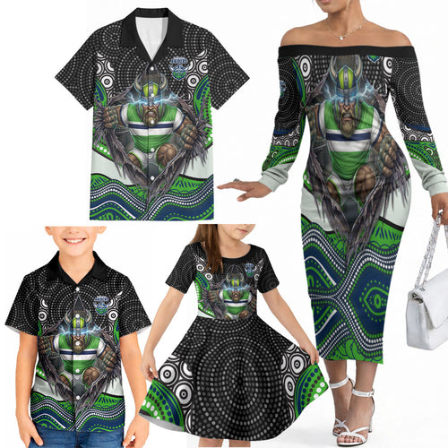 Canberra Raiders Family Matching Off The Shoulder Long Sleeve Dress and Hawaiian Shirt The Scream of Lightning Eyes - Indigenous Dot Ripping Effect