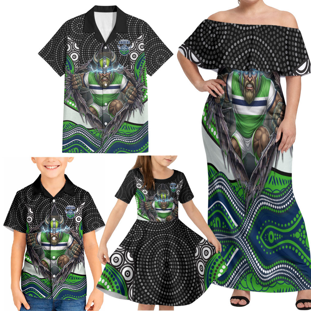 Canberra Raiders Family Matching Off Shoulder Maxi Dress and Hawaiian Shirt The Scream of Lightning Eyes - Indigenous Dot Ripping Effect