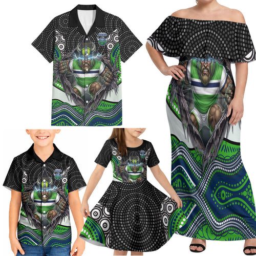 Canberra Raiders Family Matching Off Shoulder Maxi Dress and Hawaiian Shirt The Scream of Lightning Eyes - Indigenous Dot Ripping Effect