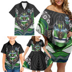 Canberra Raiders Family Matching Off Shoulder Short Dress and Hawaiian Shirt The Scream of Lightning Eyes - Indigenous Dot Ripping Effect