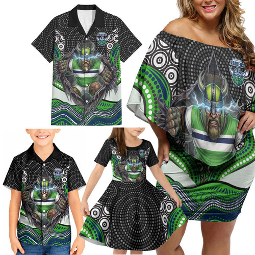 Canberra Raiders Family Matching Off Shoulder Short Dress and Hawaiian Shirt The Scream of Lightning Eyes - Indigenous Dot Ripping Effect