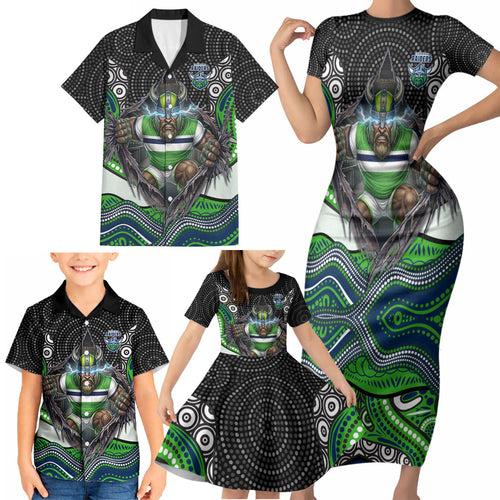 Canberra Raiders Family Matching Short Sleeve Bodycon Dress and Hawaiian Shirt The Scream of Lightning Eyes - Indigenous Dot Ripping Effect