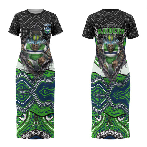 Canberra Raiders Family Matching Short Sleeve Bodycon Dress and Hawaiian Shirt The Scream of Lightning Eyes - Indigenous Dot Ripping Effect