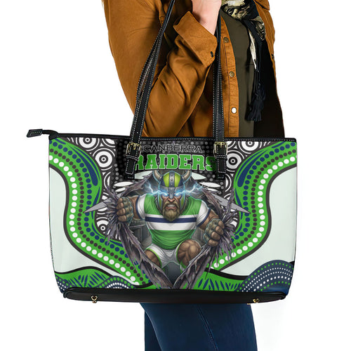 Canberra Raiders Leather Tote Bag The Scream of Lightning Eyes - Indigenous Dot Ripping Effect