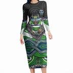 Canberra Raiders Long Sleeve Bodycon Dress The Scream of Lightning Eyes - Indigenous Dot Ripping Effect
