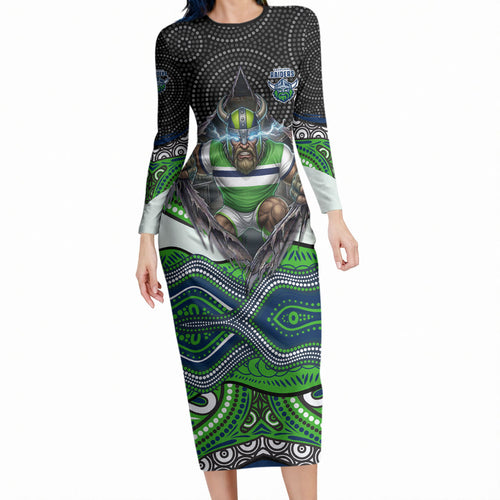 Canberra Raiders Long Sleeve Bodycon Dress The Scream of Lightning Eyes - Indigenous Dot Ripping Effect