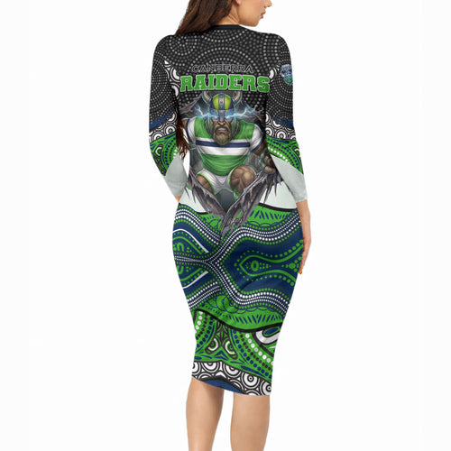 Canberra Raiders Long Sleeve Bodycon Dress The Scream of Lightning Eyes - Indigenous Dot Ripping Effect