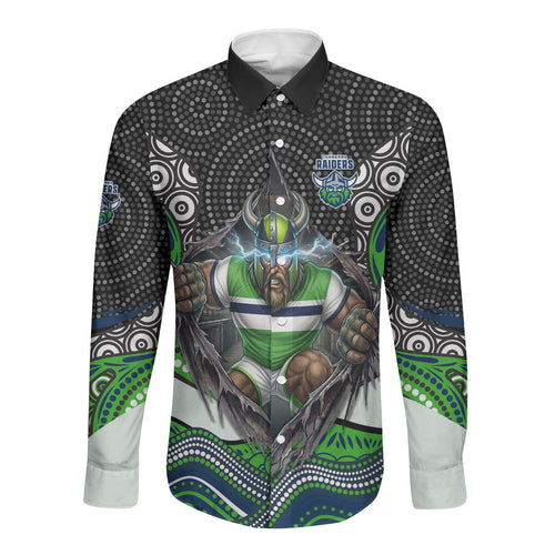 Canberra Raiders Long Sleeve Button Shirt The Scream of Lightning Eyes - Indigenous Dot Ripping Effect