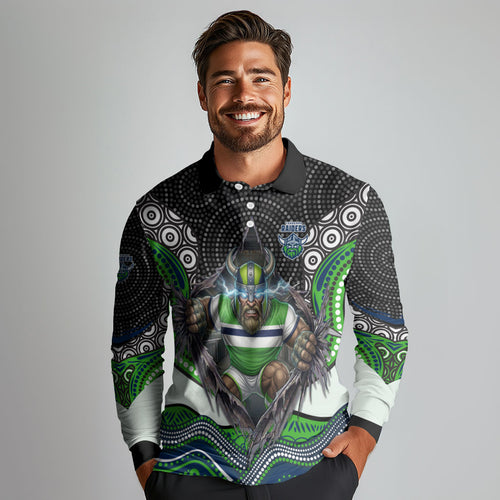 Canberra Raiders Long Sleeve Polo Shirt The Scream of Lightning Eyes - Indigenous Dot Ripping Effect