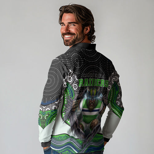 Canberra Raiders Long Sleeve Polo Shirt The Scream of Lightning Eyes - Indigenous Dot Ripping Effect