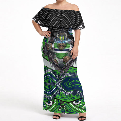 Canberra Raiders Off Shoulder Maxi Dress The Scream of Lightning Eyes - Indigenous Dot Ripping Effect